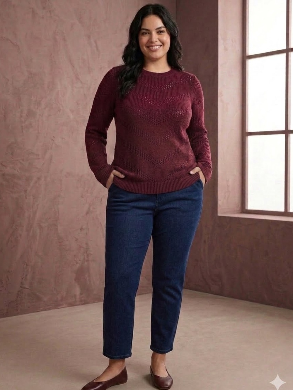 Van Heusen Burgundy Open Stitch Lightweight V-Neck Thin Knit Sweater xl